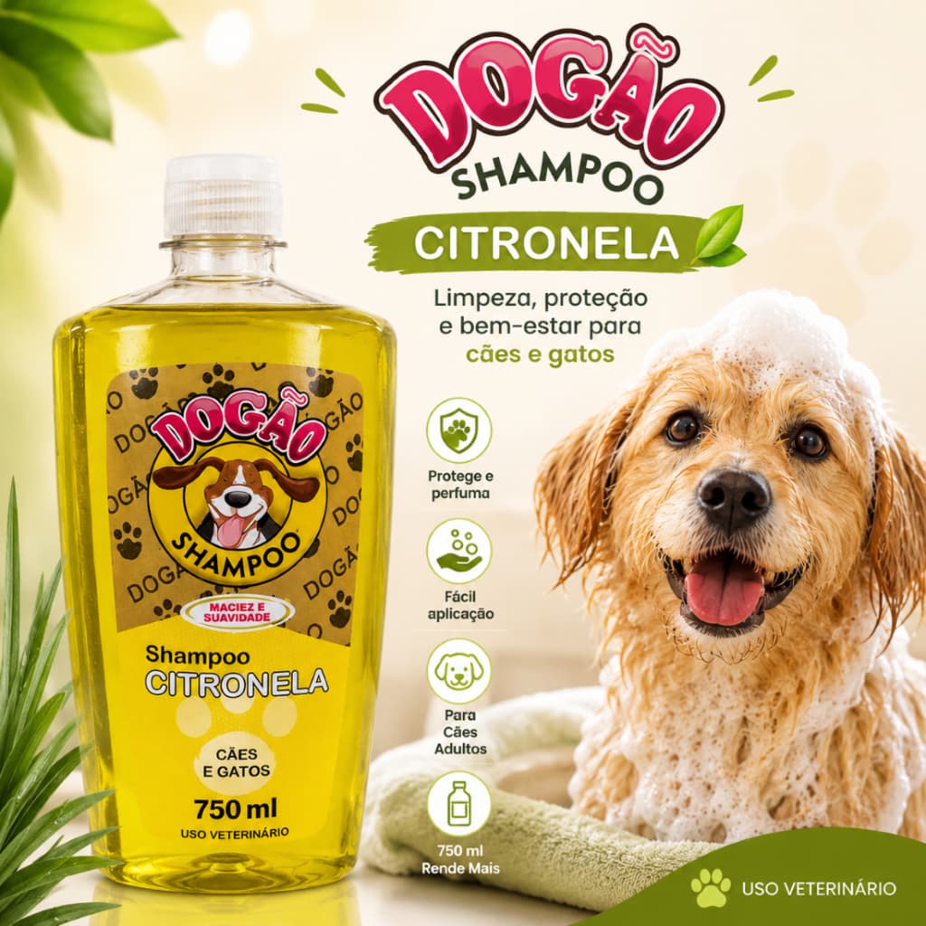 Shampoo Condicionador Citronela para Cães e Gatos 750ml Dogão | Limpeza, Brilho e Maciez