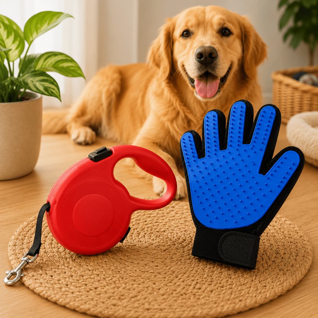 Kit Guia Retrátil 5m Coleira + Luva Tira Pelos Pet Escova Resistente Para Cachorro e Gato Removedora de Pelos