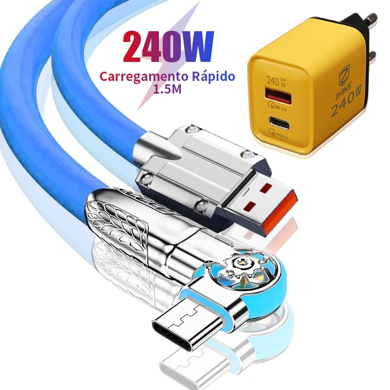 Carregador Celular Cabo Carregamento Rápido Tipo C Rotação de 180° 1,5M Silicone com GaN Adaptador