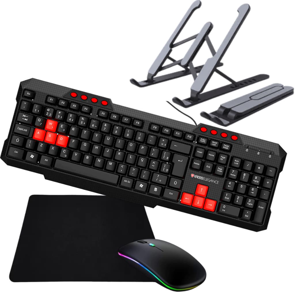 Kit Suporte De Notebook + Teclado Com Fio kross + Mouse Sem Fio recarregavel + mouse Pad Antiderrapante