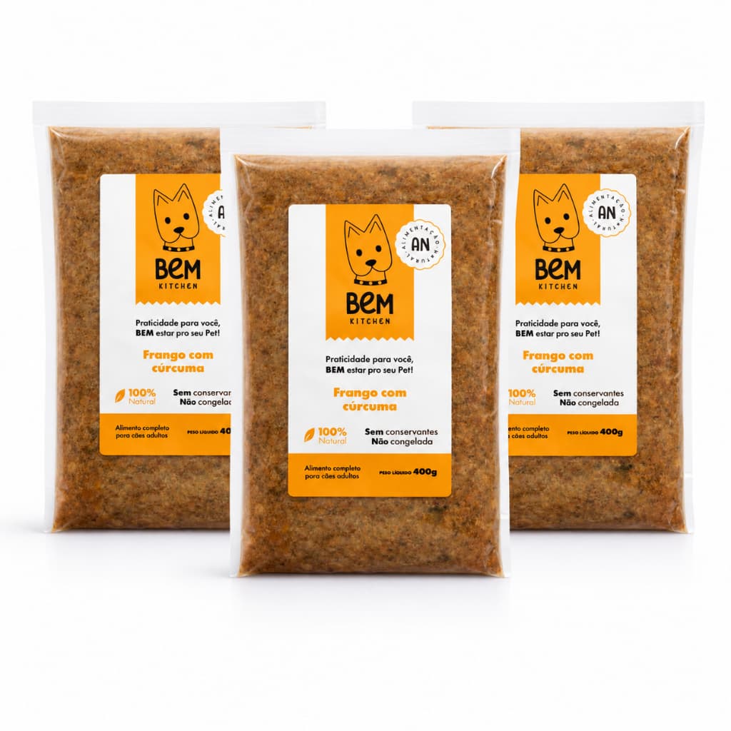 Kit 3 Ração Natural para Cachorro Frango com Cúrcuma 400g cada Alimentação Saudável Sem Conservantes Com Óleo de Salmão