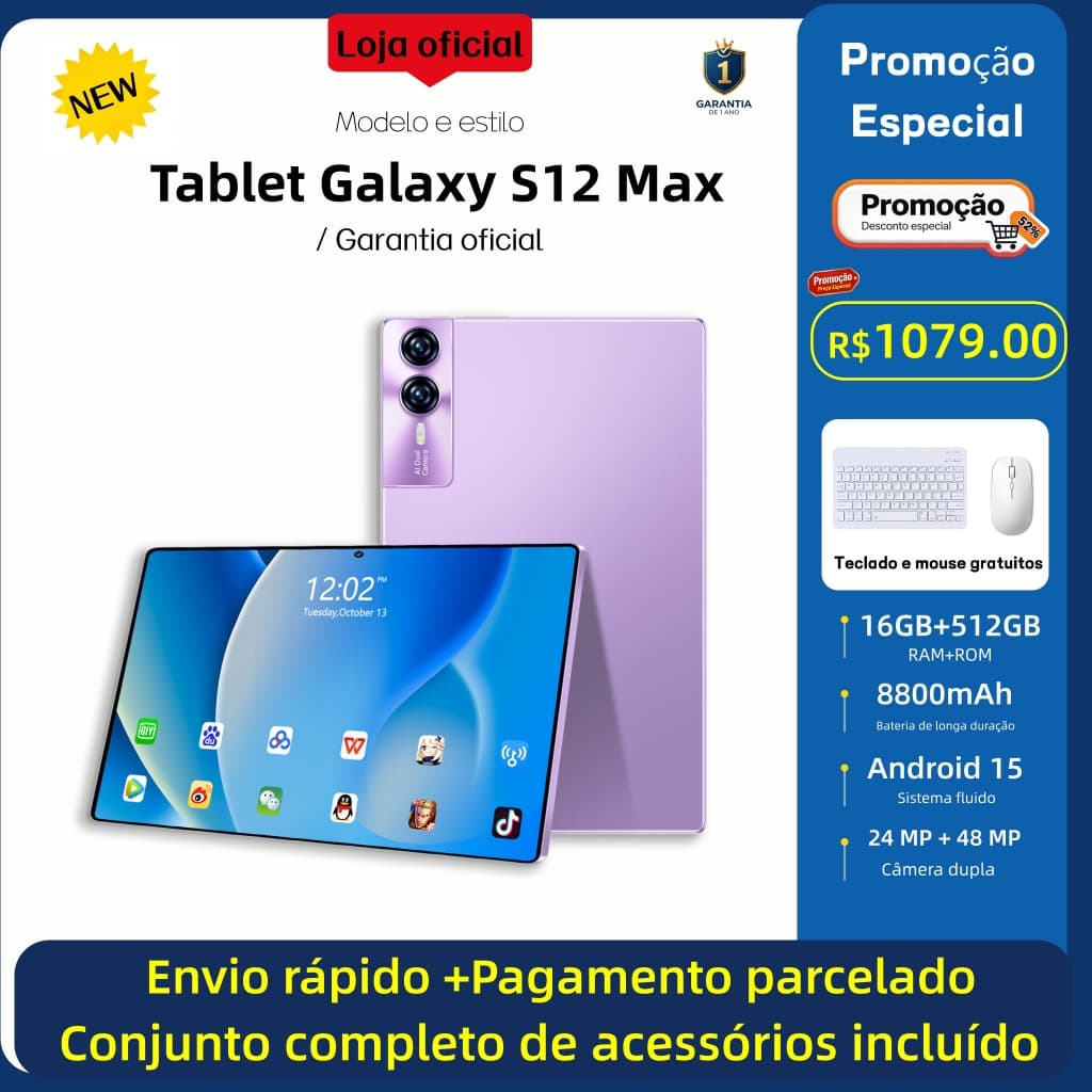 [Teclado e mouse grátis] Tablet Galaxy S12 Max 11,6 polegadas, 16 GB + 512 GB, bateria de 8.800 mAh, Android 5G