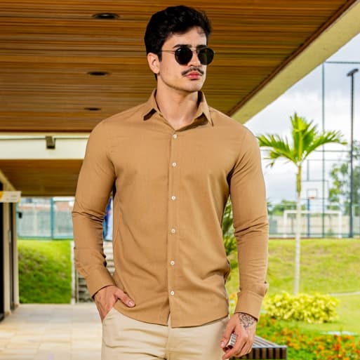 Camisa Social Masculina Manga Longa Linho Slim Fit Casamento