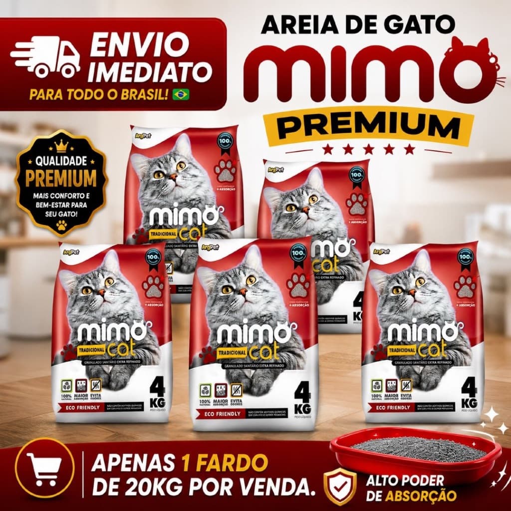 Kit 5 Areia Sanitária Higiênica para Gatos Grãos Médios Tradicional 20 kg Premium Mimo Cat.