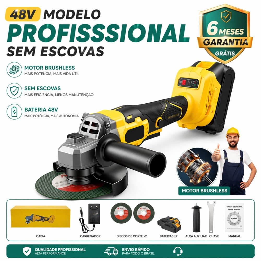 MOHOR Kit Esmerilhadeira Angular 48V 2 Baterias Com Disco 125mm Para Metal Construção E Oficina