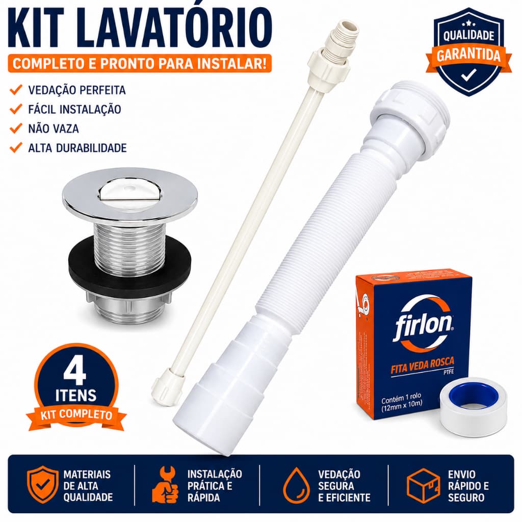 Kit Completo Para Lavatório – Válvula Cromada 7/8" + Sifão Extensivo + Engate 40CM + Fita Veda Rosca
