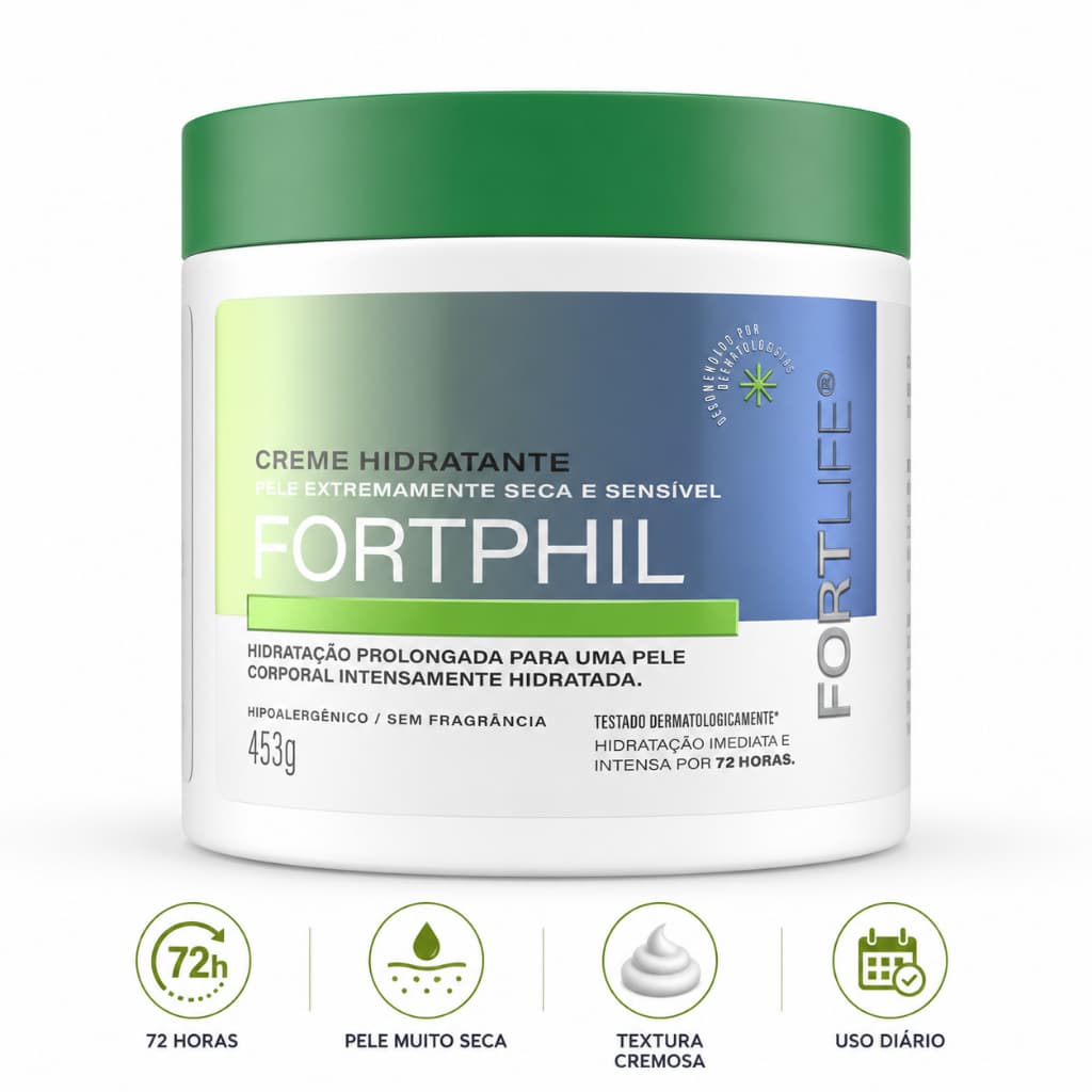 Creme Hidratante Corporal Pele Seca e Ressecada Hidratação Intensiva 72 Horas FortPhil FortLife 453g Sem Perfume