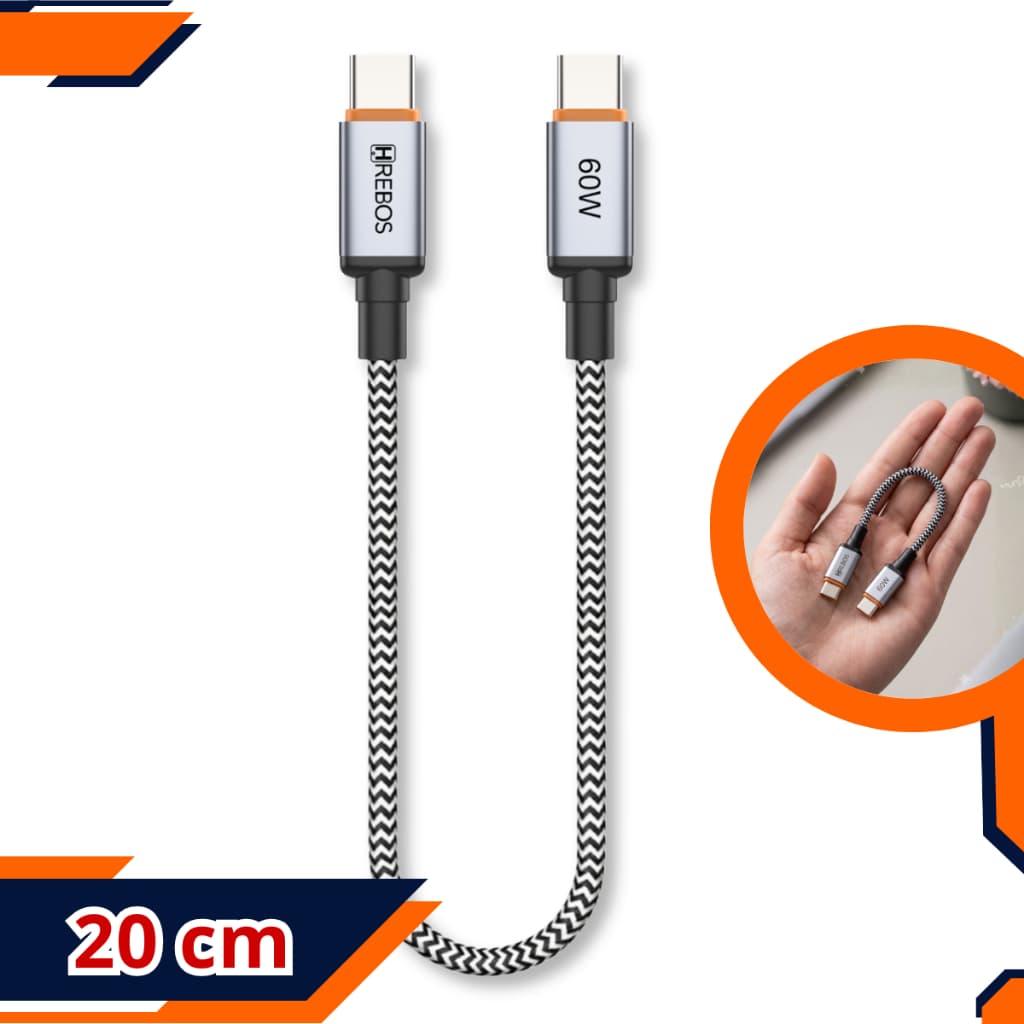 Cabo Curto Tipo C x Tipo-C Turbo de 20cm de 60W - Pequeno Power Bank Carregador Rápido Celular Nylon