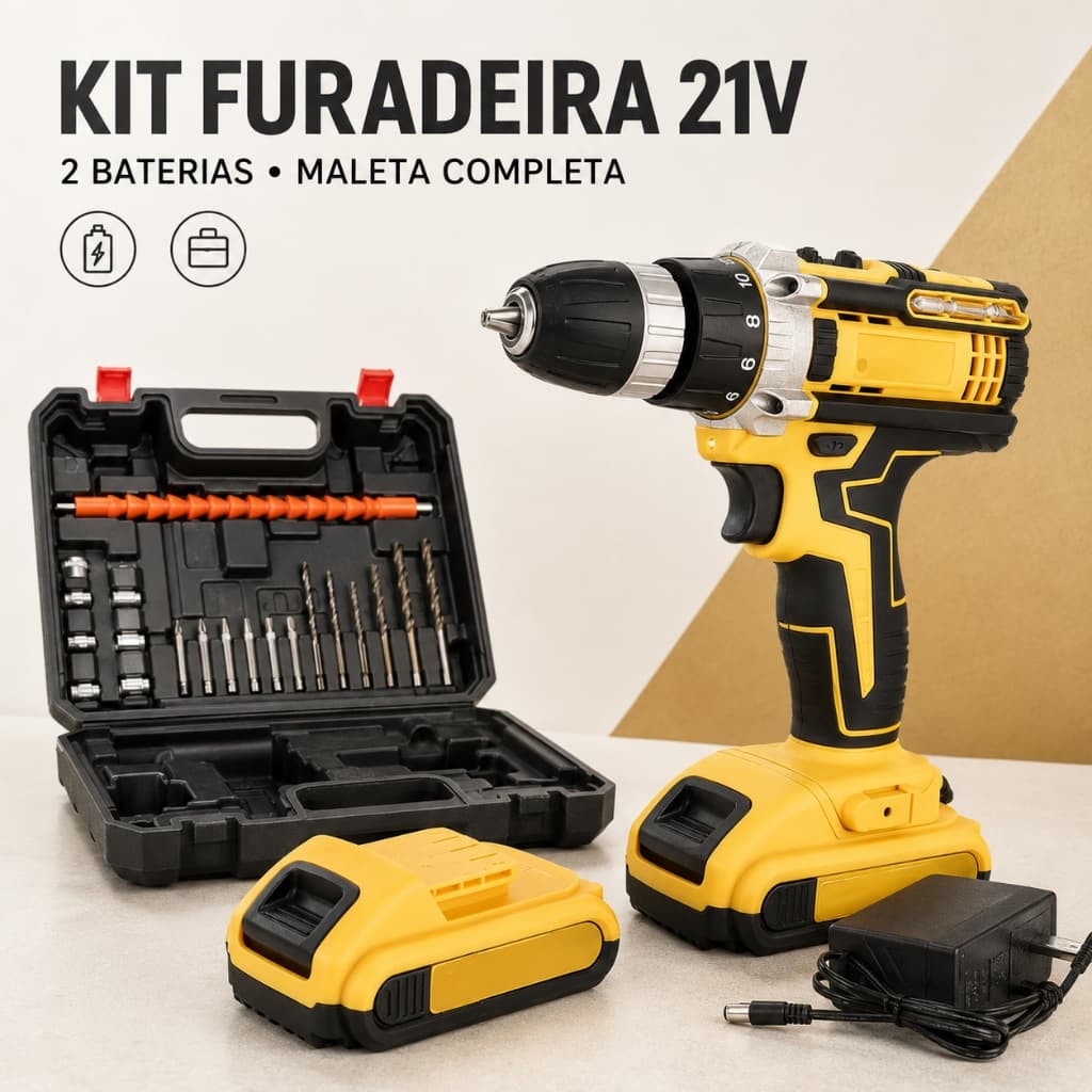 Parafusadeira Furadeira Elétrica Sem Fio 21V Profissional Kit com 2 Baterias Brocas Super Potente