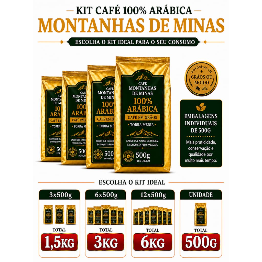 Kit Café 100% Arábica Premium 500g Em Grãos e Moído Torra Média Escolha Seu Kit 1,5kg 3kg 6kg