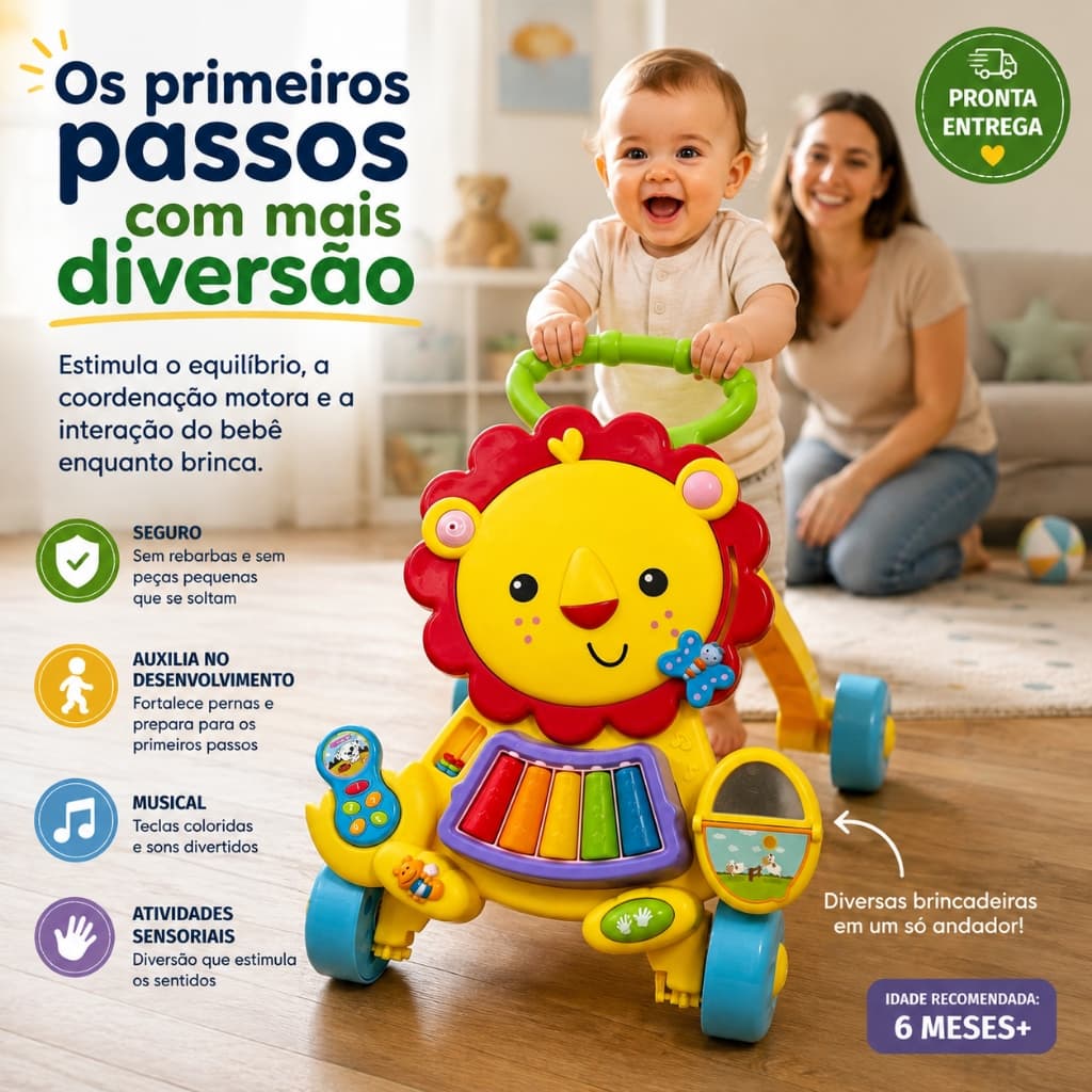 Andador Primeiros Passos Bebê Brinquedo Interativo Atividade Luz Som Estimula Postura Coordenação