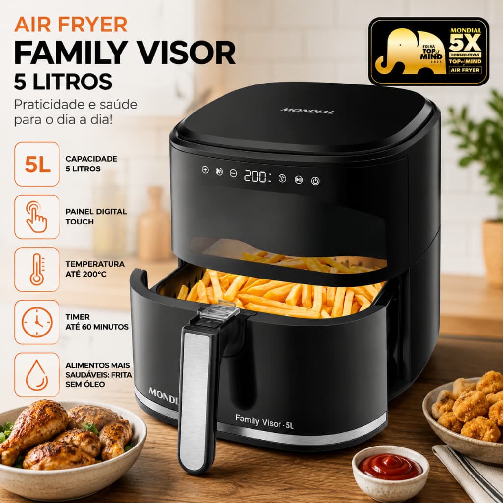 Fritadeira Sem Óleo Air Fryer Mondial AF-50-DV 5L Preta 1900W Cesto Antiaderente Original