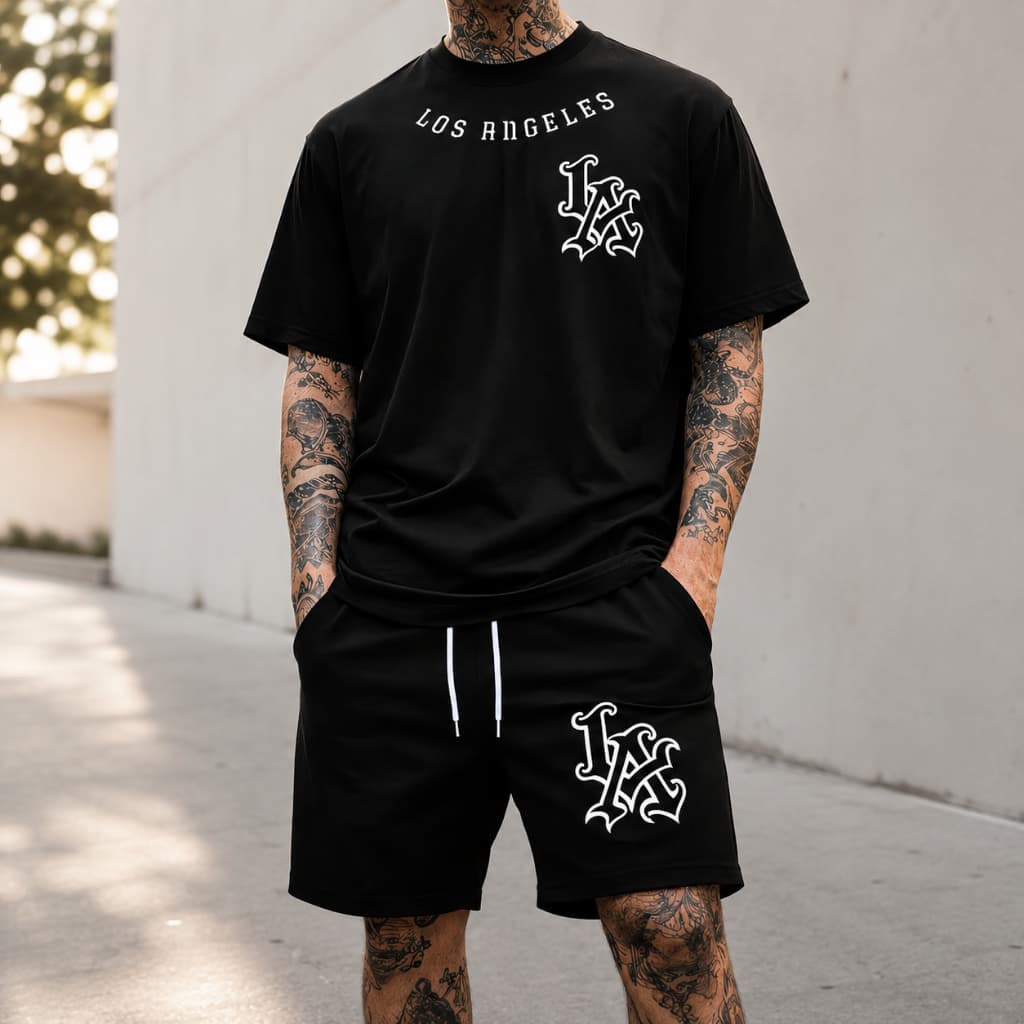 Conjunto L.A camisa e bermuda moletom camiseta e short Los Angeles streetwear Premium