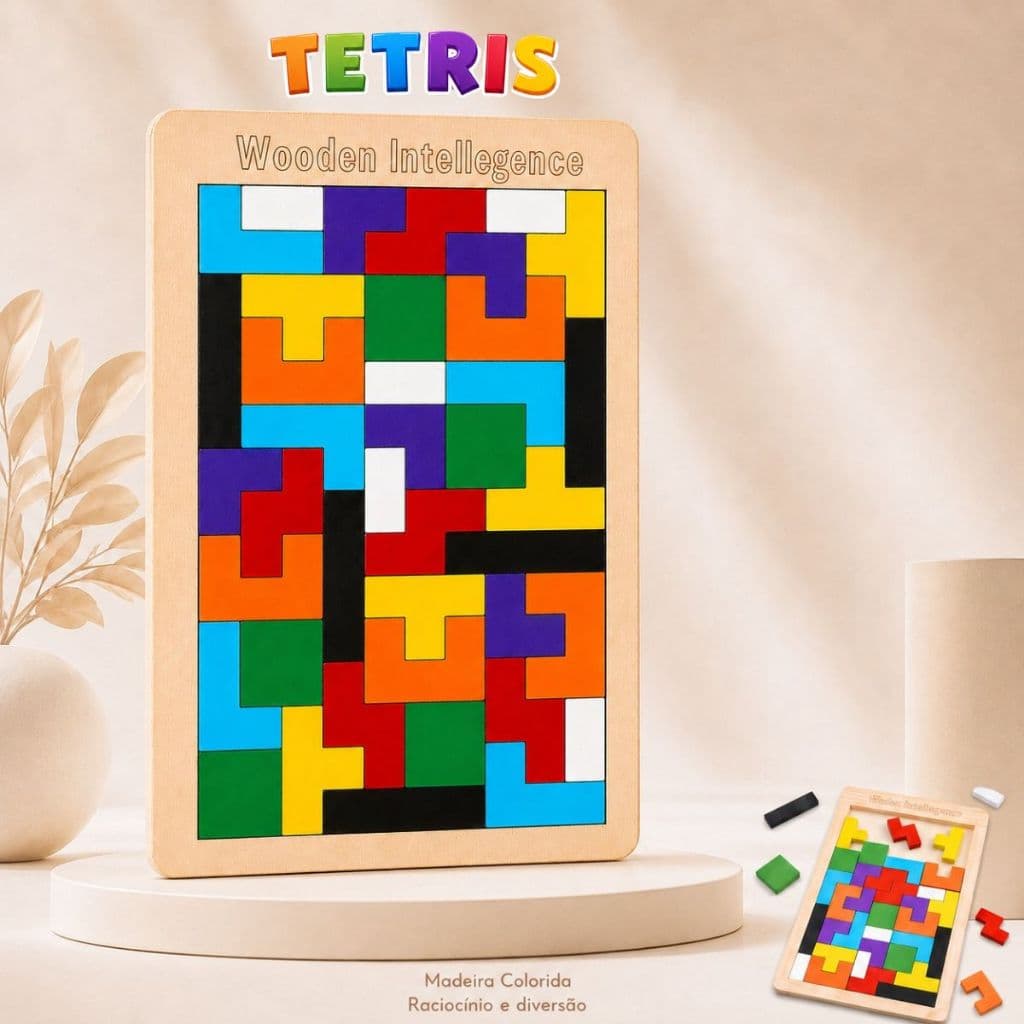 Brinquedo Tetris Quebra-Cabeça 3D Tangram Brinquedo Educativo Colorido em MDF
