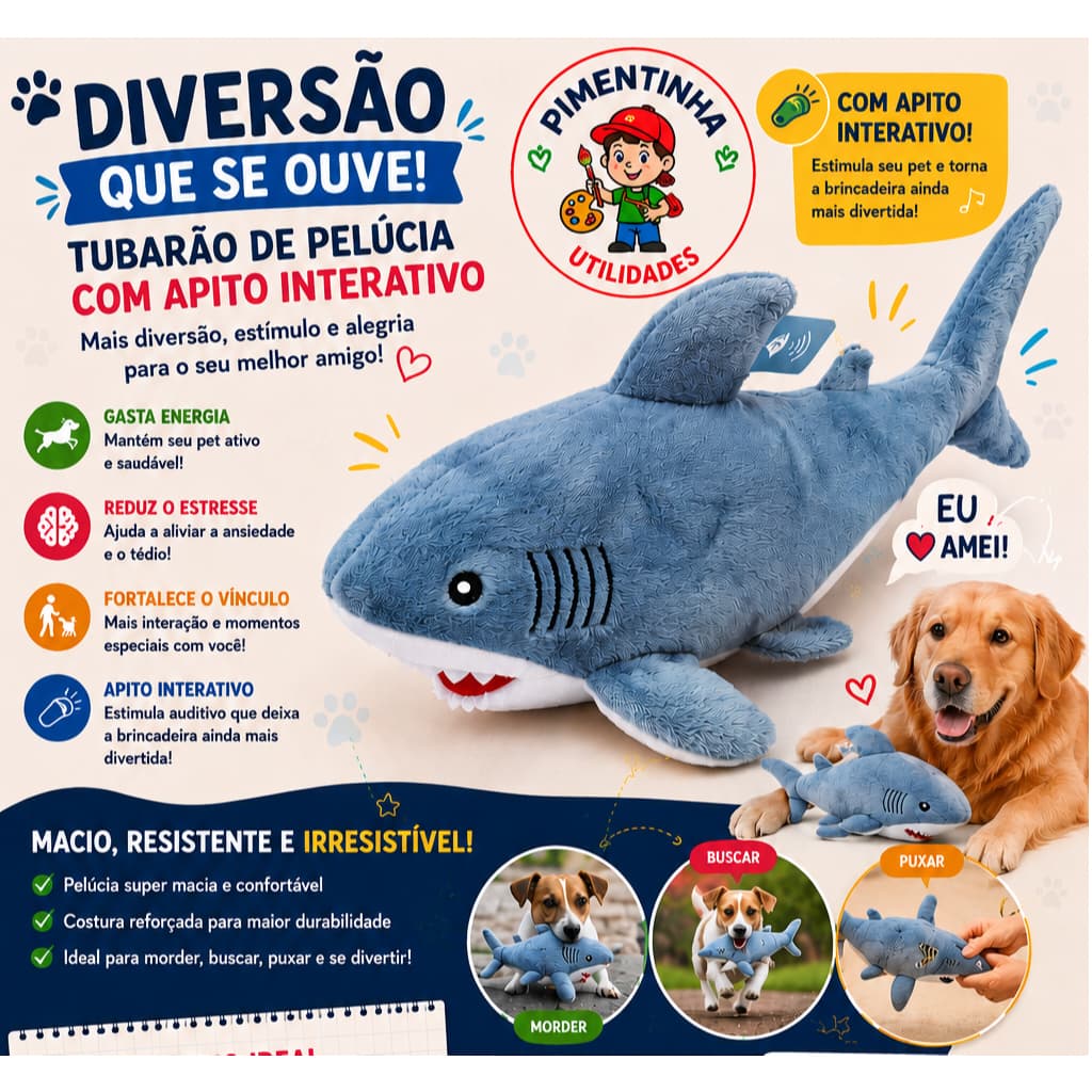 Pelúcia Tubarão para Cachorro com Apito Interativo 31cm aproximadamente Brinquedo Pet Resistente Macio
