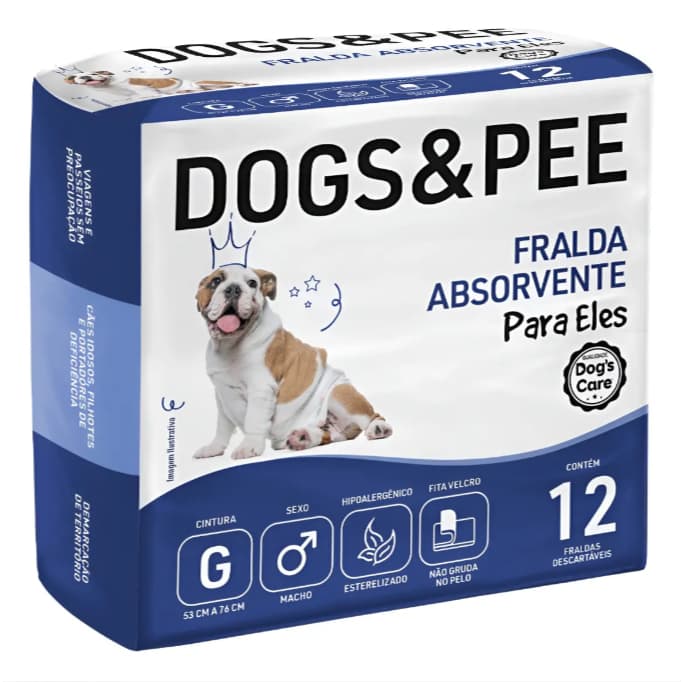 Fralda Higiênica Absorvente Descartável Para Cães Machos Idosos e Filhotes, Dogs & Pee - Tamanho G - 12 Unidades