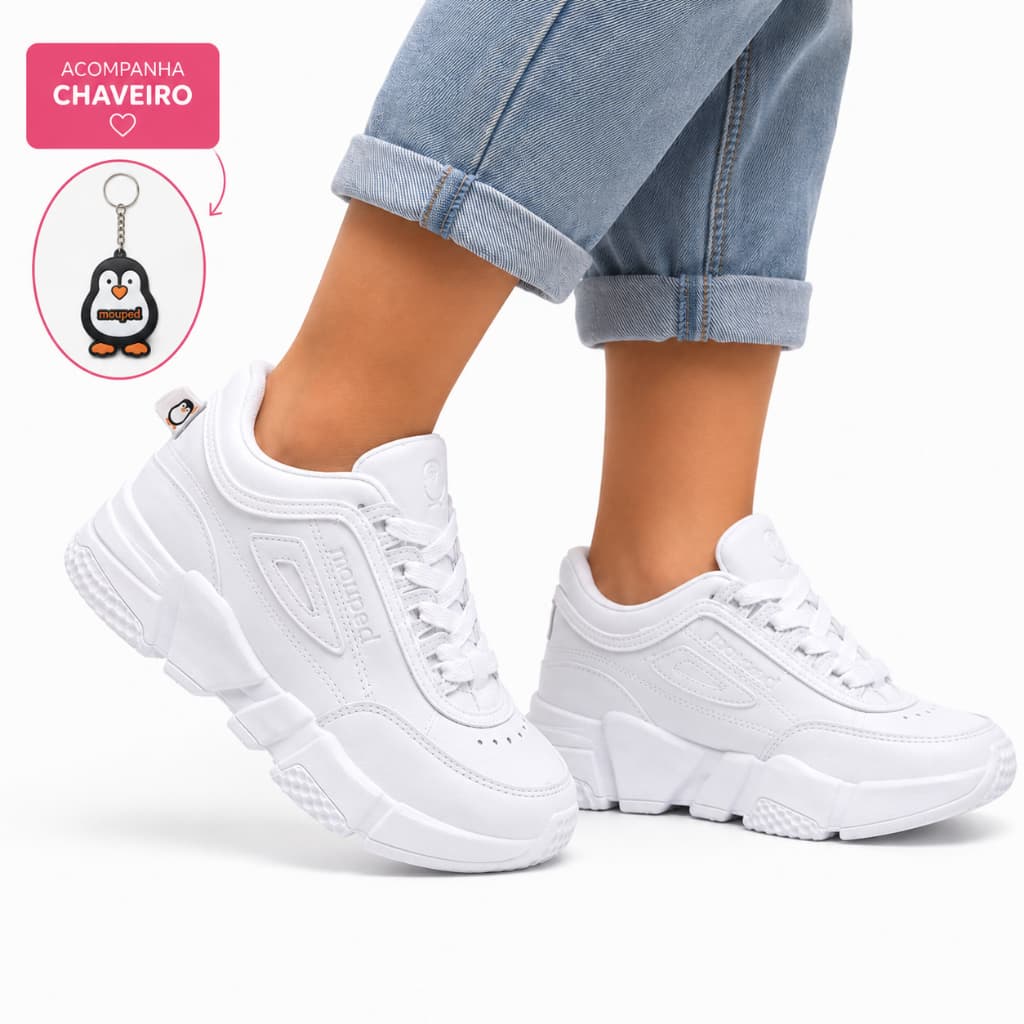 Tênis Infantil Casual Feminino Masculino Moderno Sola Alta Recortes Confortável Branco com Chaveiro