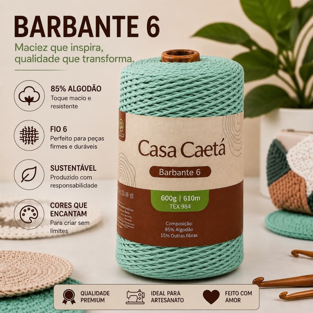 Barbante 600g 610m Fio 6 Premium para Crochê, Tricô e Macramê