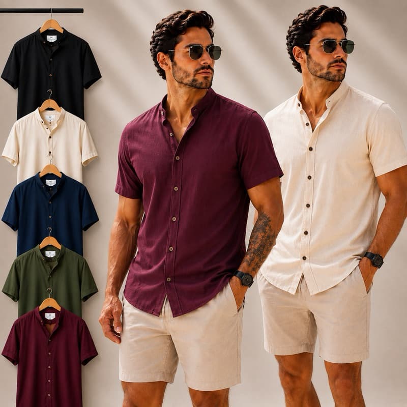 Camisa Masculina Gola Padre Manga Curta Slim Fit Social Premium Não Amassa Leve Fresca Elegante