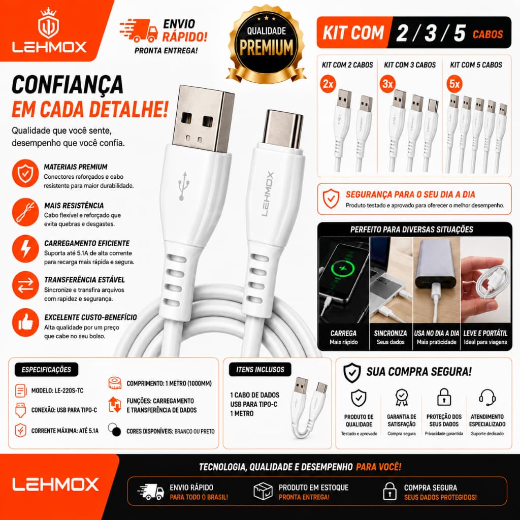 Cabo USB Tipo C Lehmox LE-220S-TC 5.1A 1 Metro Carregamento Rápido Cabo de Dados USB para Android Smartphones Tablets