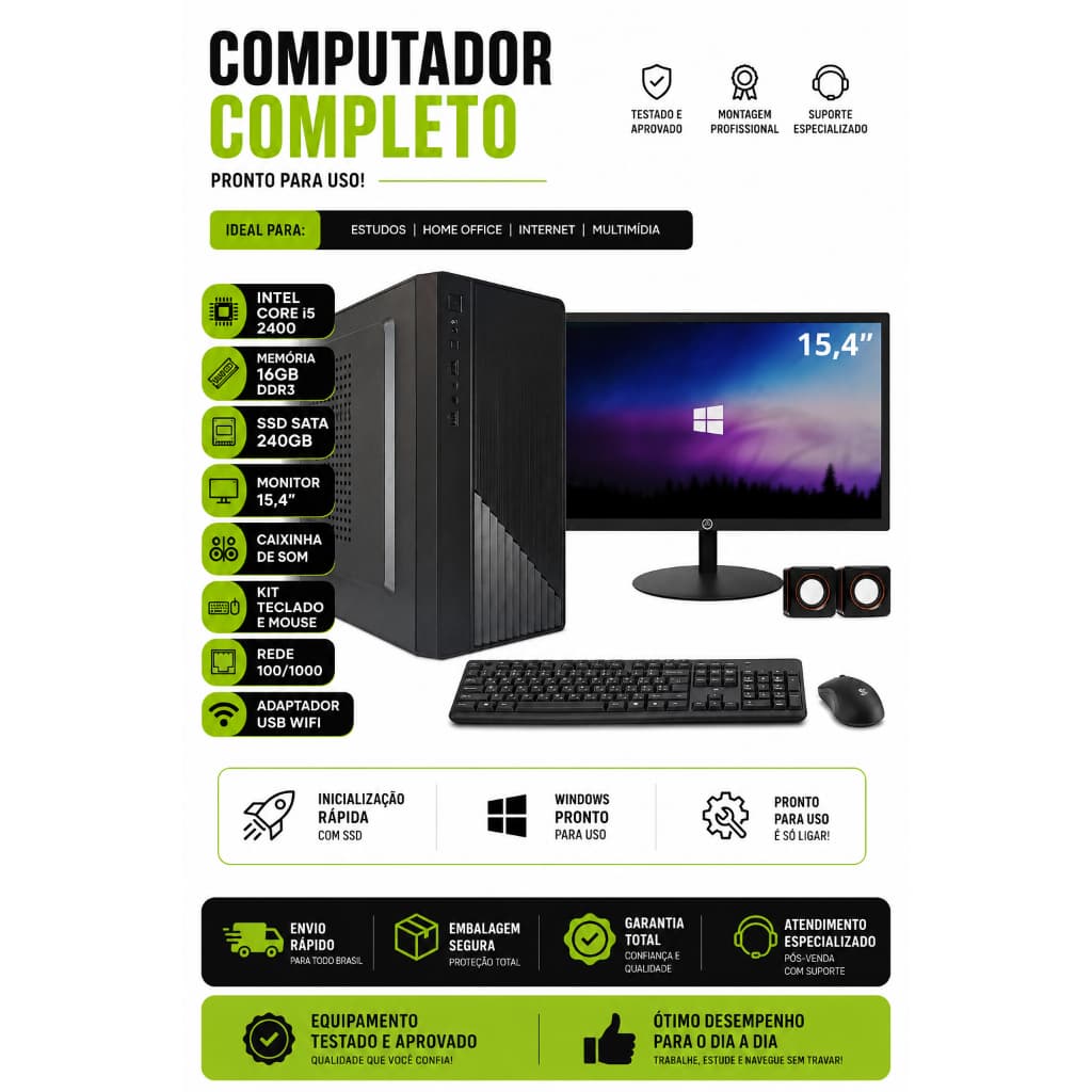 COMPUTADOR DESKTOP INTEL CORE I5 2400 16GB RAM SSD SATA 240GB MONITOR 15,4'' - KIT TECLADO, MOUSE E CAIXINHA DE SOM