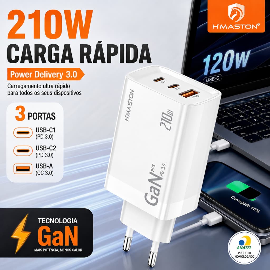 Carregador 210W Turbo GaN 3 Portas USB-C USB PD 3.0 PPS Carregamento Rápido Notebook Celular