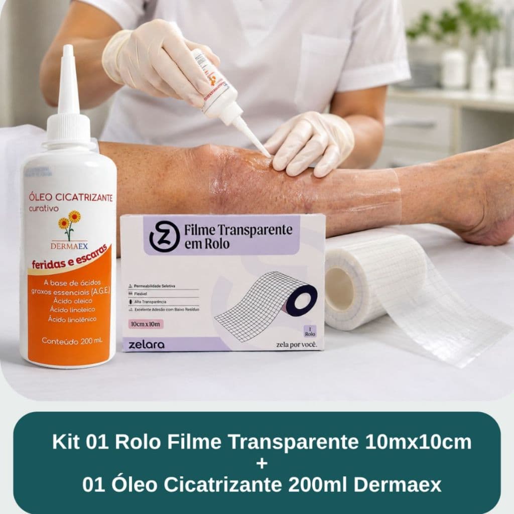 Kit Óleo Cicatrizante Dermaex 200ml + Filme Transparente em Rolo 10m Kit Curativo Escaras e Feridas