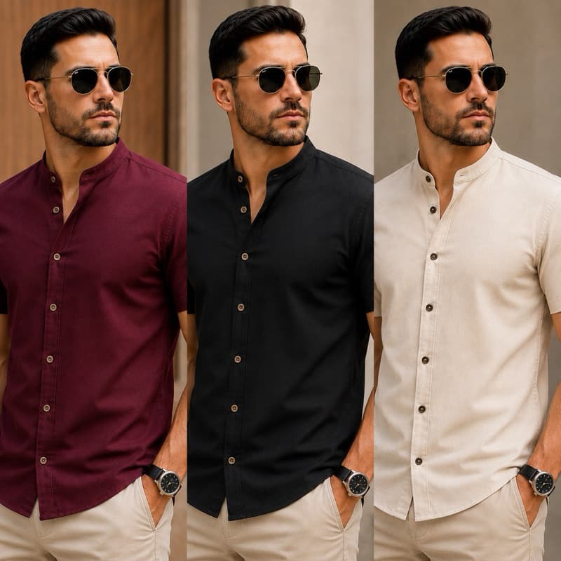 Camisa Masculina Gola Padre Manga Curta Slim Fit Social Premium