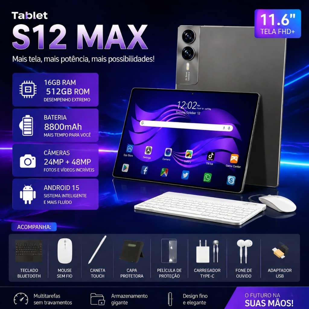 Galaxy Tablet S12 MAX 11.6" FHD+ 16GB RAM 512GB ROM Android 15 | MTK6799 | Bateria 8800mAh | Câmeras 24MP+48MP IA 5GWIFI