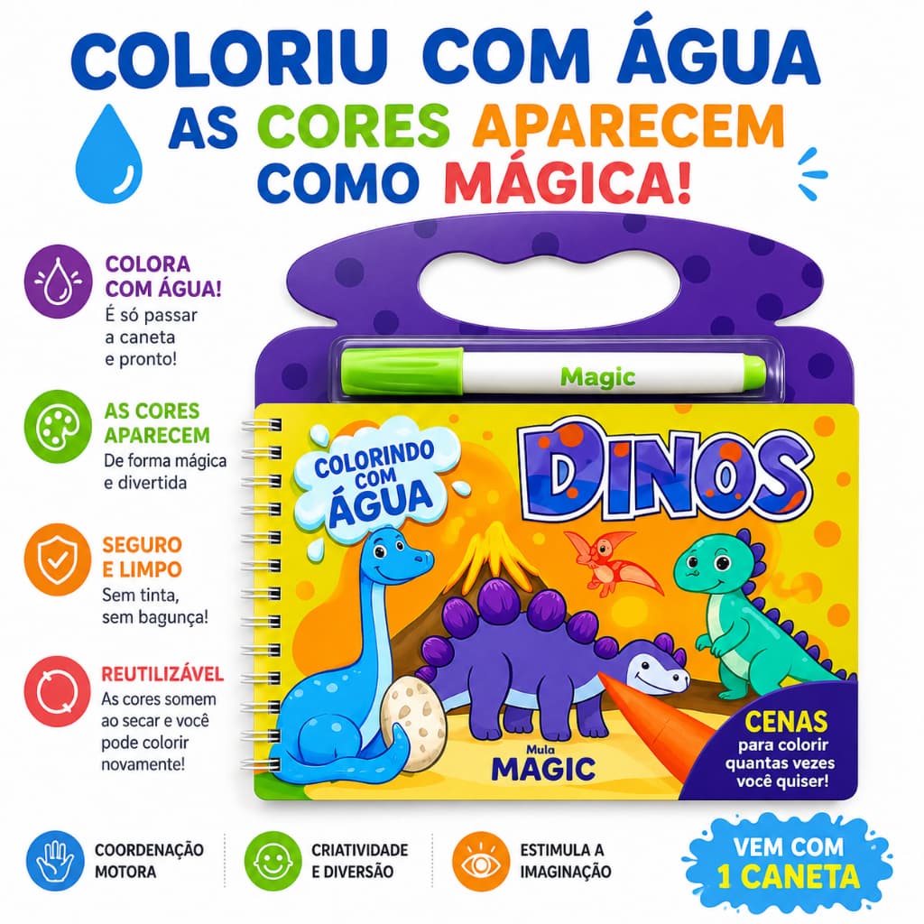 Livro Aquabook Infantil Pinte com Água Reutilizável Dinos Espaço Frutas Veiculos Barbie Patrulha