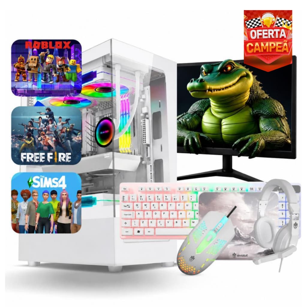 PC Gamer Branco Completo Intel i5 Memoria Ram 16GB RX 550 /GTA RP - Monitor Kit Gamer