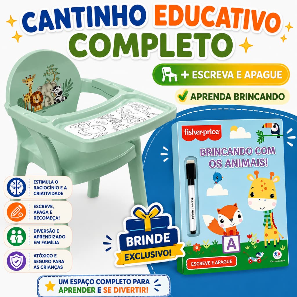 Cadeira de Alimentação com Bandeja Plasútil Infantil Safari + Livro Educativo Escreva e Apague