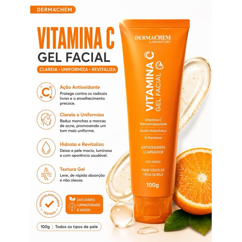 Gel Facial Vitamina C Dermachem Clareia Manchas, Uniformiza Tom, Previne Envelhecimento, Todos Tipos De Pele
