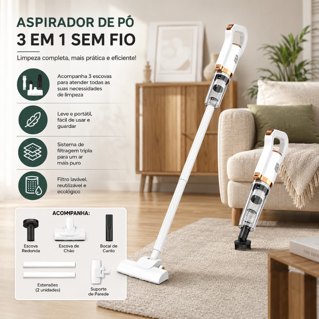 Aspirador de Pó 2 em 1 Limpeza Portátil Sem Fio Multifuncional Para Limpeza De Casa Manual visiontech