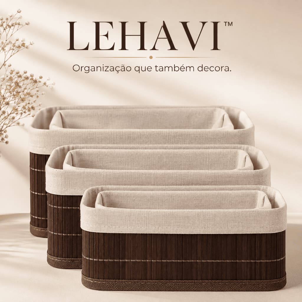 Kit 3 Cestos Organizadores de Bambu Multiuso Lehavi para Casa Banheiro Quarto Closet Escritório