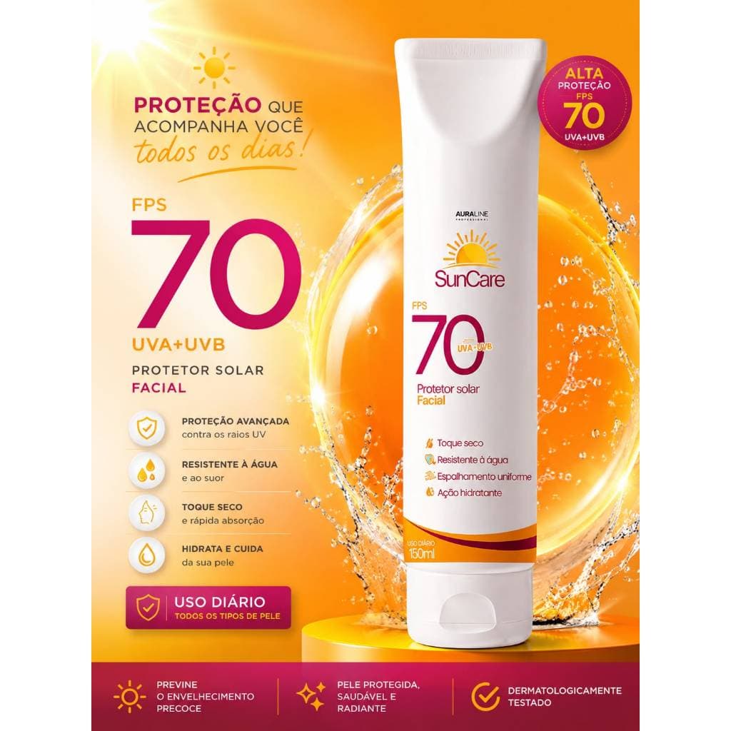 Protetor Solar Facial FPS 70 UVA + UVB 150ml Toque Seco Resistente à Água