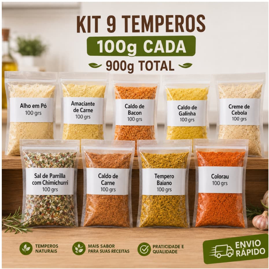 TEMPEROS E CONDIMENTOS KIT 09 UNIDADES NATURAIS  100G CADA 900 GRS