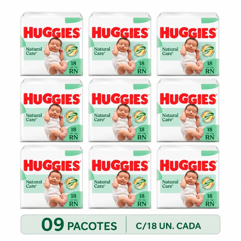 Fralda huggies natural care RN recém nascido com 9 pacotes