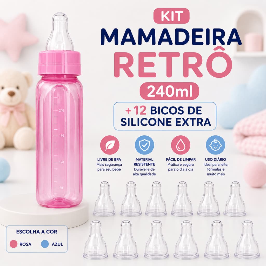 Kit 1 Mamadeira Retrô 240ml + 12 Bicos Extras de Silicone Mamadeira Azul ou Rosa Acessórios Bebê