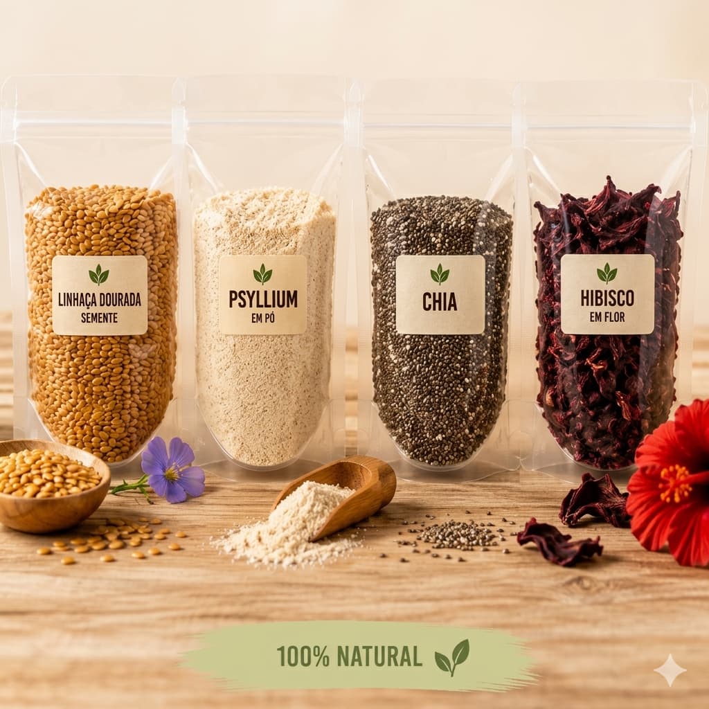 Kit Combo Alimentação Saudável - Linhaça Dourada + Psyllium + Chia + Hibisco Premium Importado