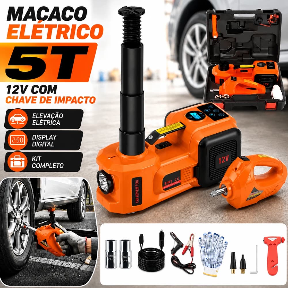 Kit Macaco Elétrico 5T 12V Portátil Com Chave de Impacto e Luz LED de Emergência - Caixa de Ferramentas