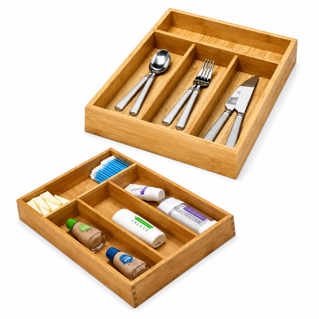 Porta Talheres Madeira Bambu Organizador Bambu 4 Divisórias Organizador Multiuso Gaveta
