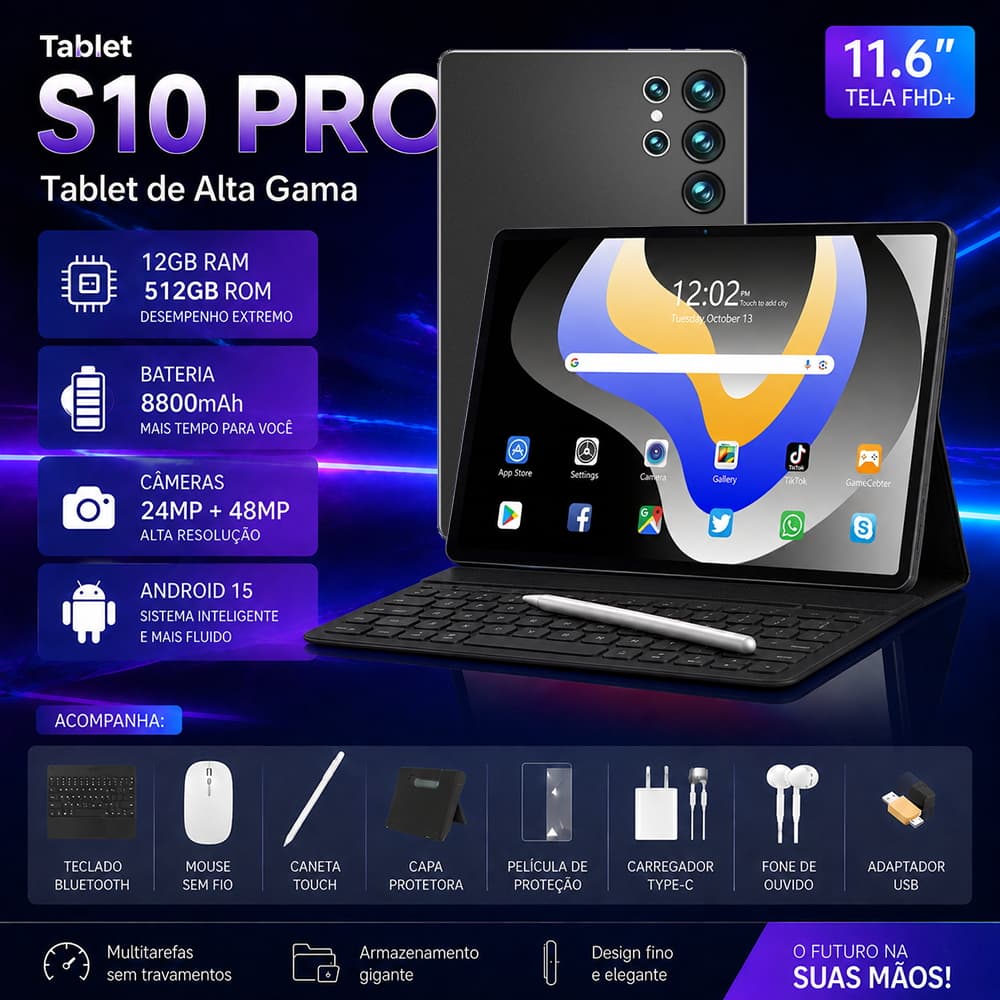 【Teclado e mouse gratuitos】 Galaxy Tablet S10 Pro 11.6" HD+ 12GB RAM 512GB ROM Android 15 | Tela Grande, Bateria 8800mAh
