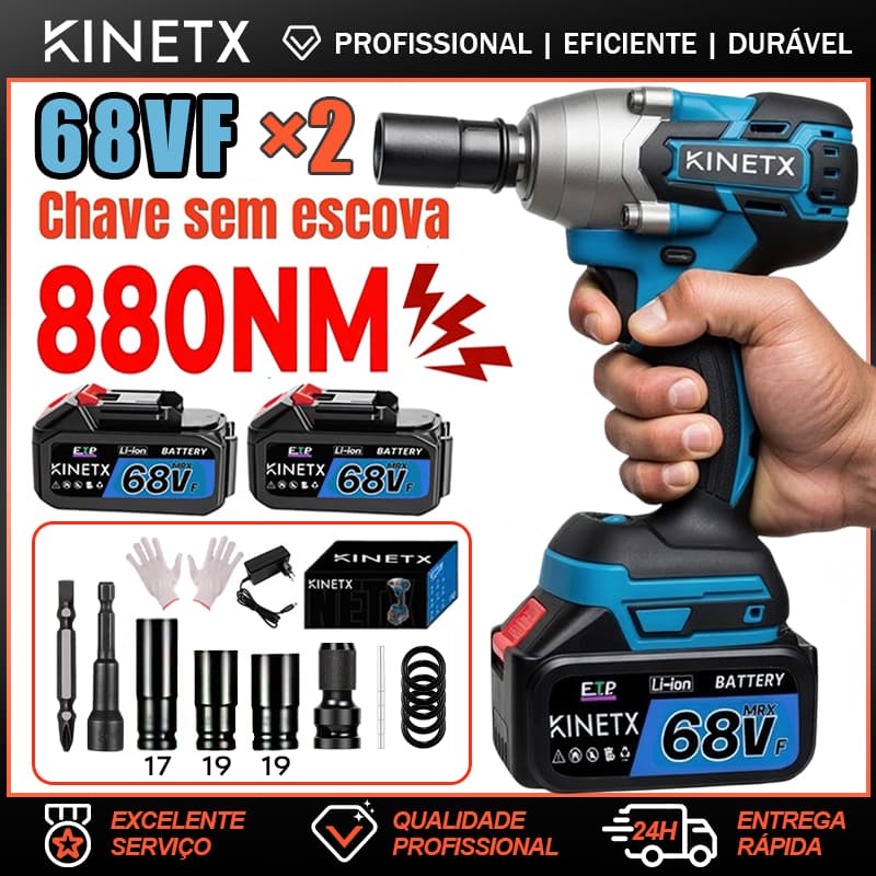 Parafusadeira E Chave de Impacto 880Nm Brushless 68VF 3 Funcoes Kit Completo Com 2 Baterias Acessorios Broca KINETX