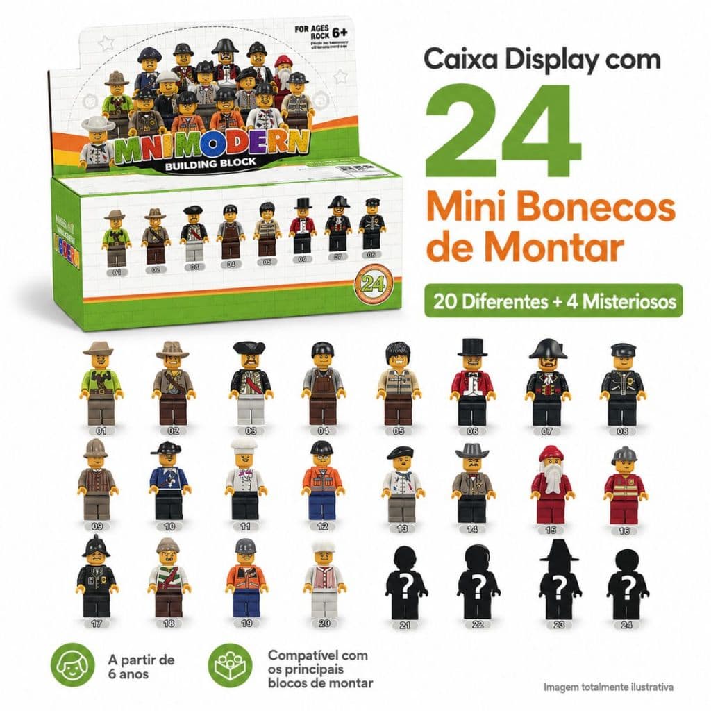 Caixa Com 24 Mini Bonecos De Montar Estilo Lego 20 Personagens Diferentes 4 Misteriosas Secretas Coleção E Lembrancinhas