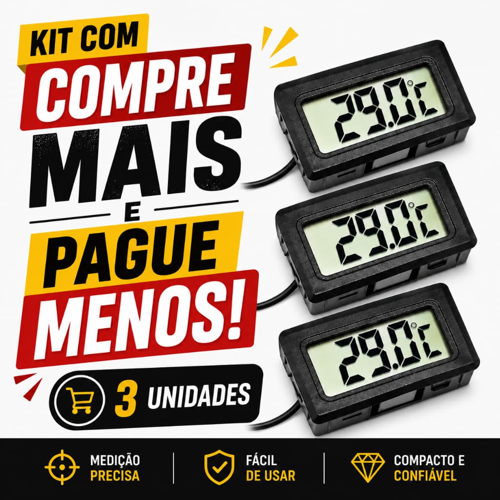 KIt 3x Mini Termômetro Digital LCD Aquário Freezer Geladeira Chocadeira Piscina Terrários Sonda 1m