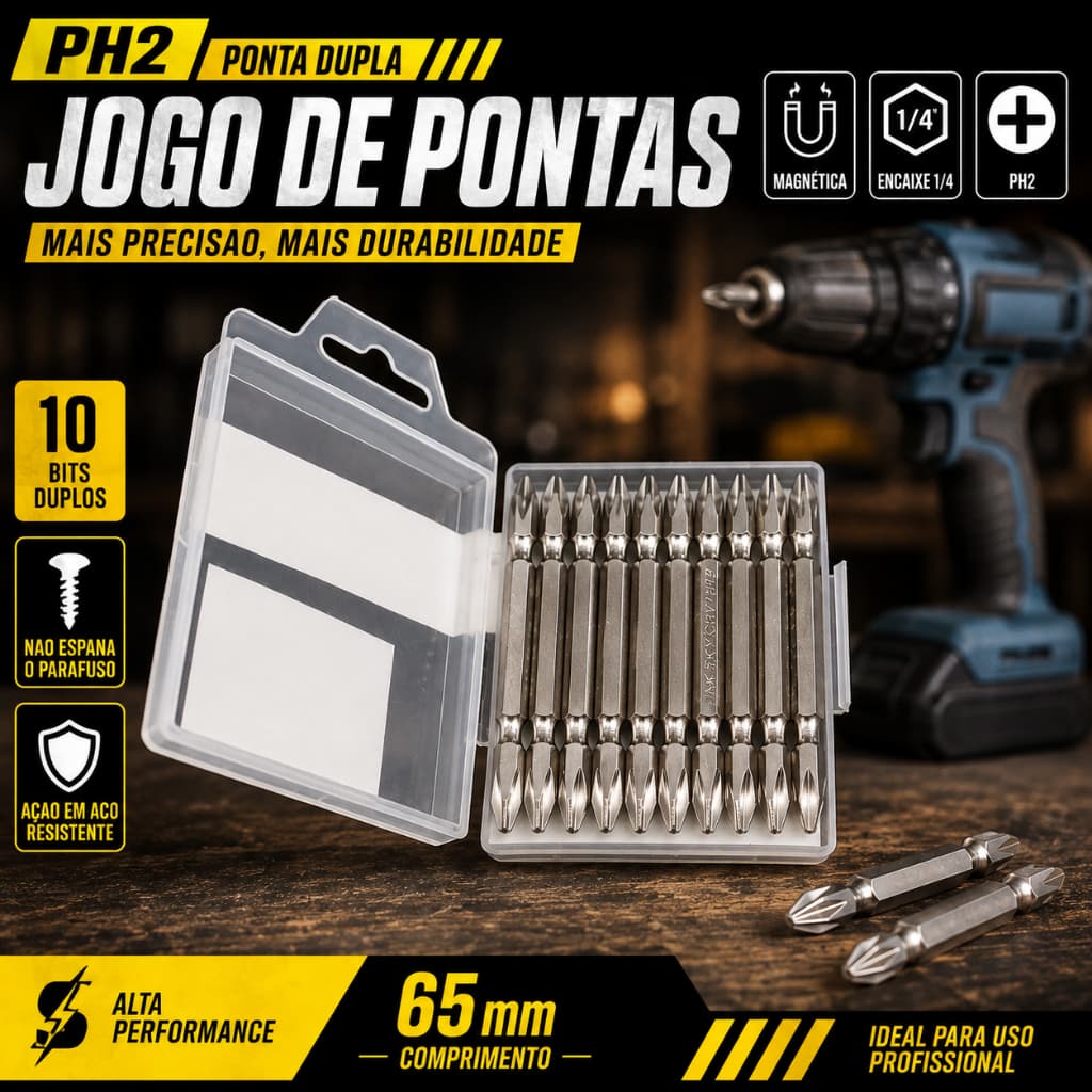Kit 10 Bits PH2 Ponta Dupla 65mm Magnético Ponteira Phillips 1/4 para Parafusadeira Furadeira Aço CRV