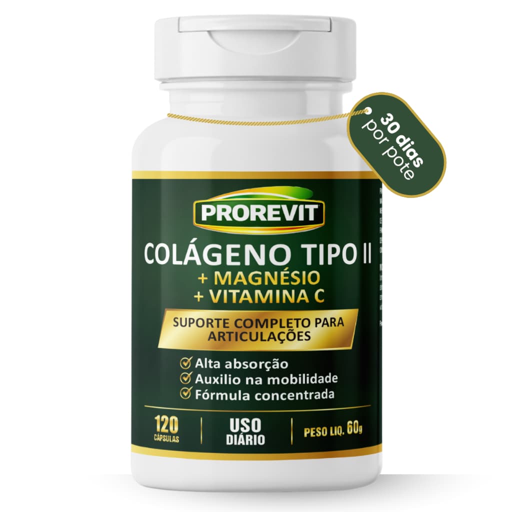 Colágeno Tipo II + Magnésio + Vitamina C 120 Cápsulas Articulações Mobilidade Suplemento Alimentar Prorevit