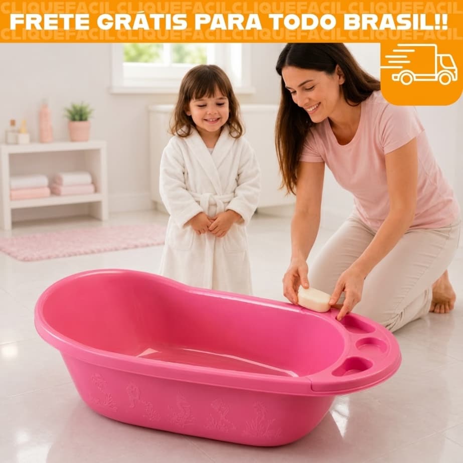 Banheira Bebê Infantil 32 Litros Rosa para Menina Anatômica Resistente Confortável Ideal Banho Bebê