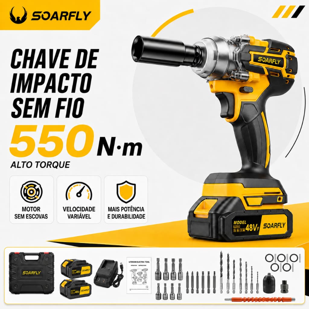 Chave de Impacto Eletrica 550NM Parafusadeira Furadeira Brushless 48V 2 Baterias kit ferramentas completo